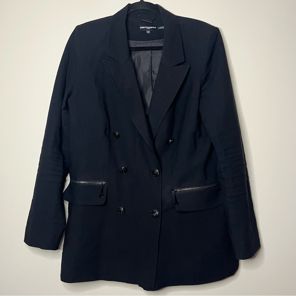 KARL LAGERFELD Zip Pocket Dark Academia Preppy Double Breasted Longlined Blazer - Picture 5 of 12